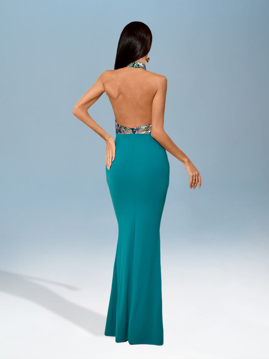 Stunning Sequin Dress with Embroidery and Elegant Backless Design