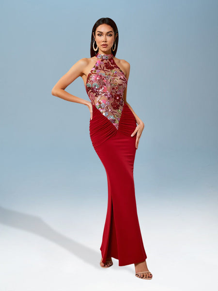 Stunning Sequin Dress with Embroidery and Elegant Backless Design