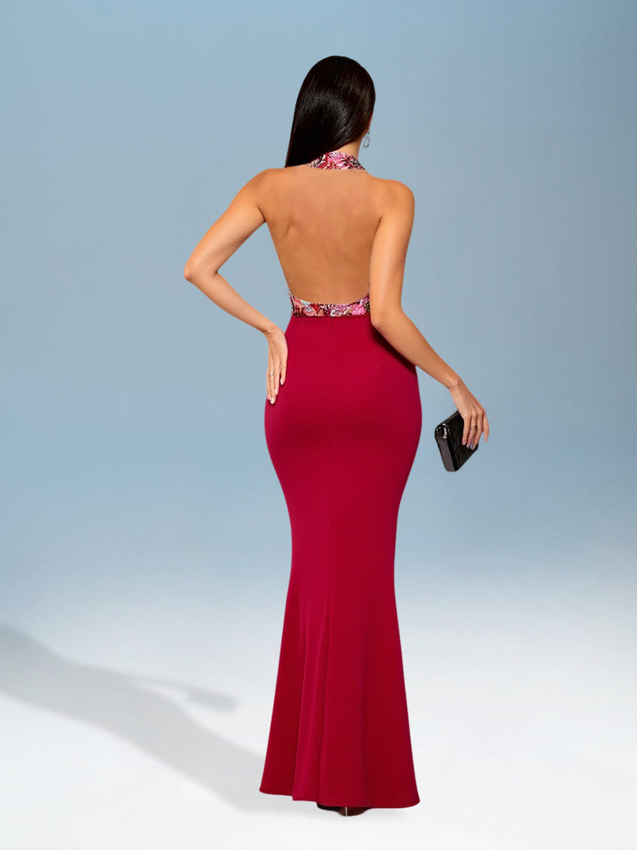 Stunning Sequin Dress with Embroidery and Elegant Backless Design