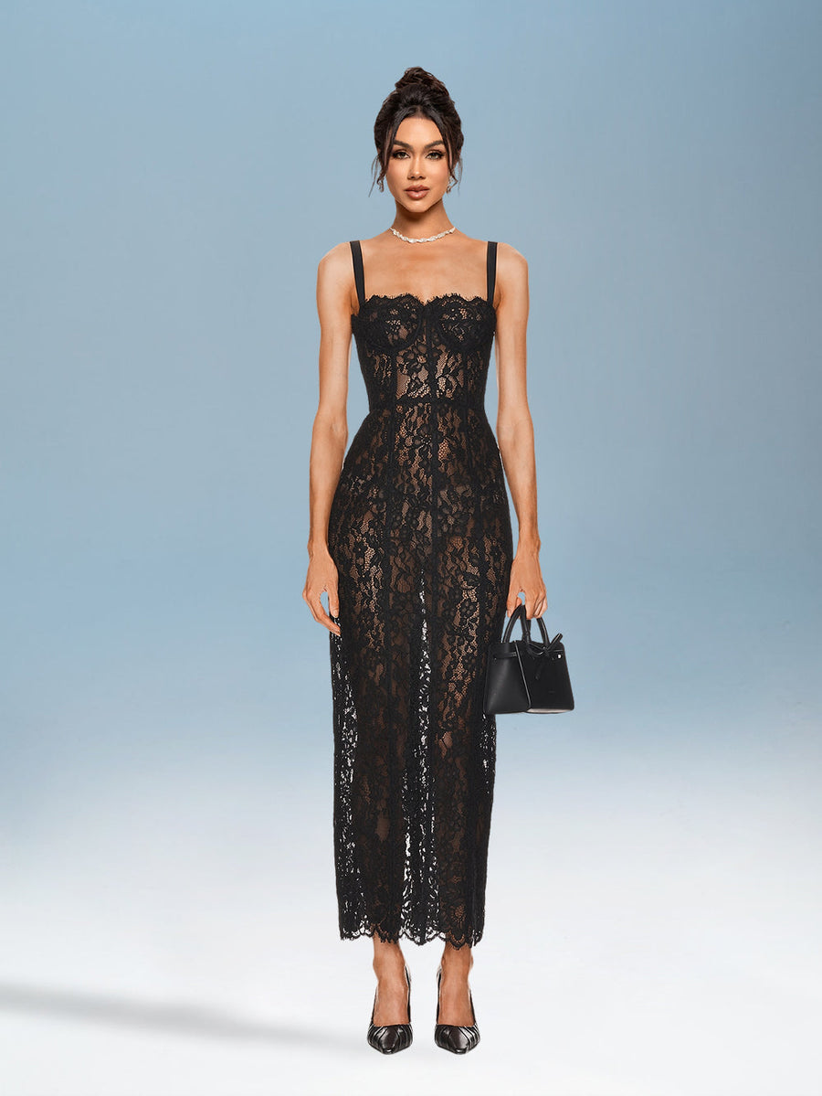 Dahlia Bellamy — Elegant Strappy Lace Backless Maxi Dress