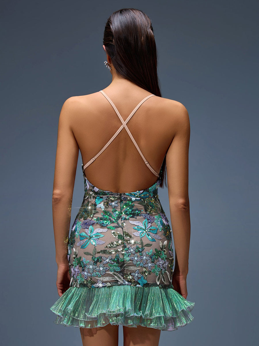 Short Dress with Open Armholes and Elegant Floral Embroidery