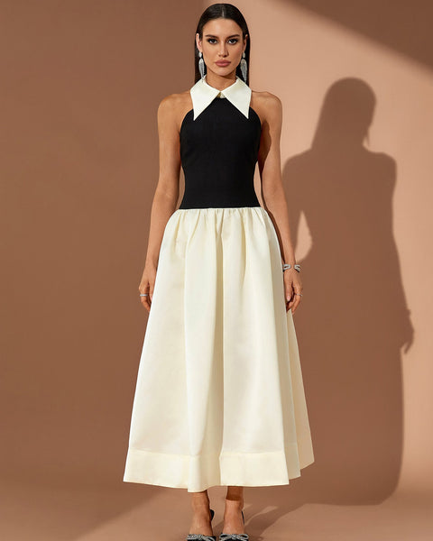 Pointed Collar A-line Open Back Dress