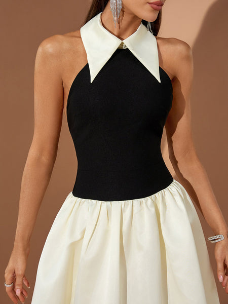 Pointed Collar A-line Open Back Dress