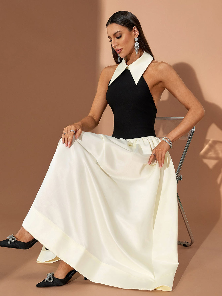 Pointed Collar A-line Open Back Dress