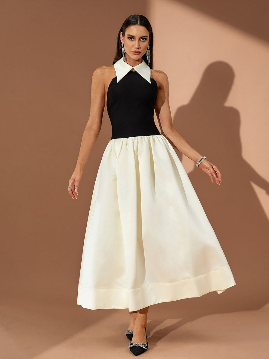 Pointed Collar A-line Open Back Dress