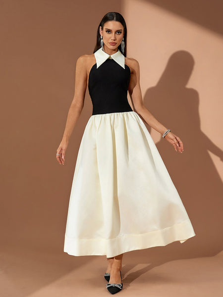 Pointed Collar A-line Open Back Dress