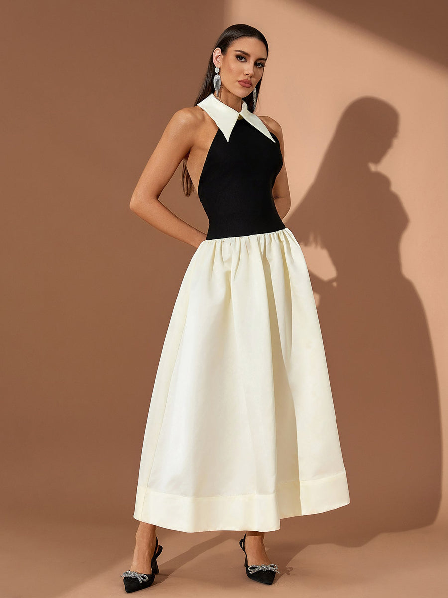 Pointed Collar A-line Open Back Dress