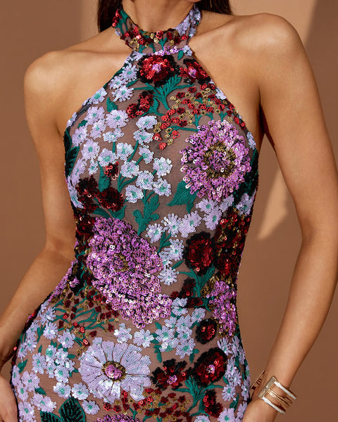 Halter Floral-Embroidered Sequin Mini Dress