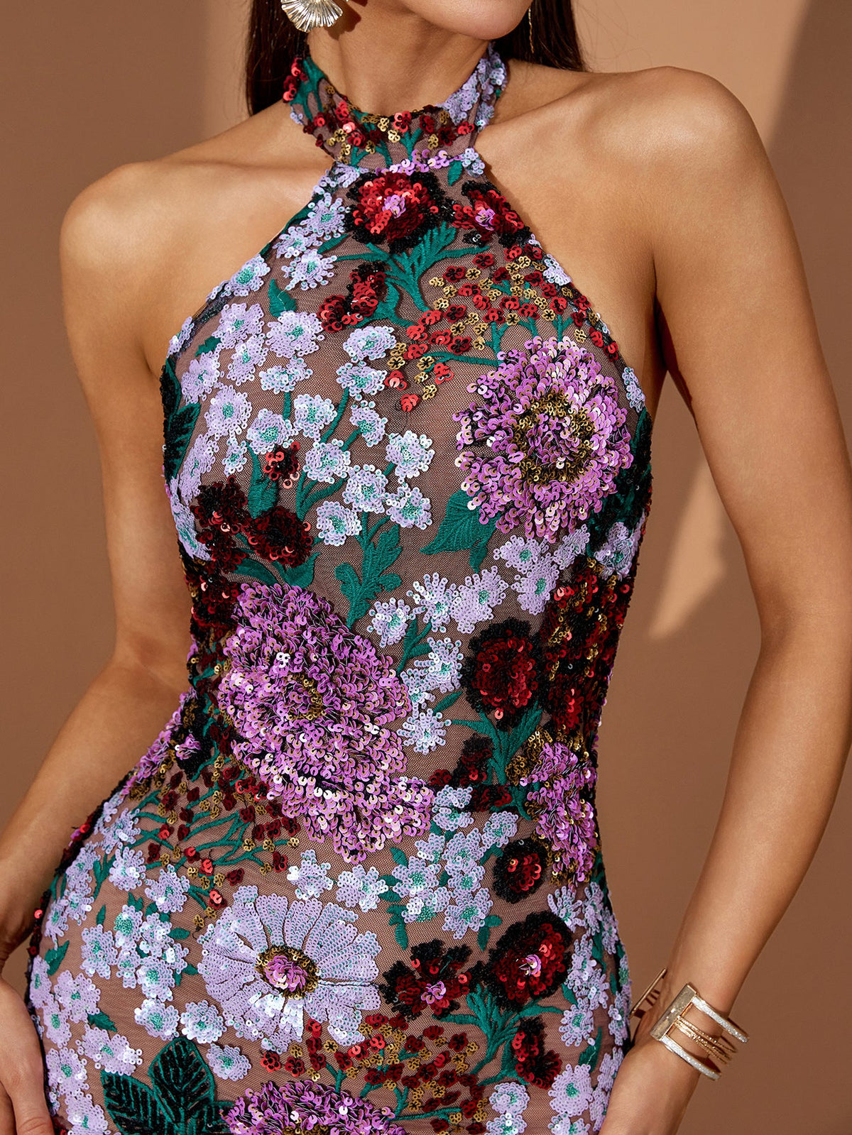 Halter Floral-Embroidered Sequin Mini Dress