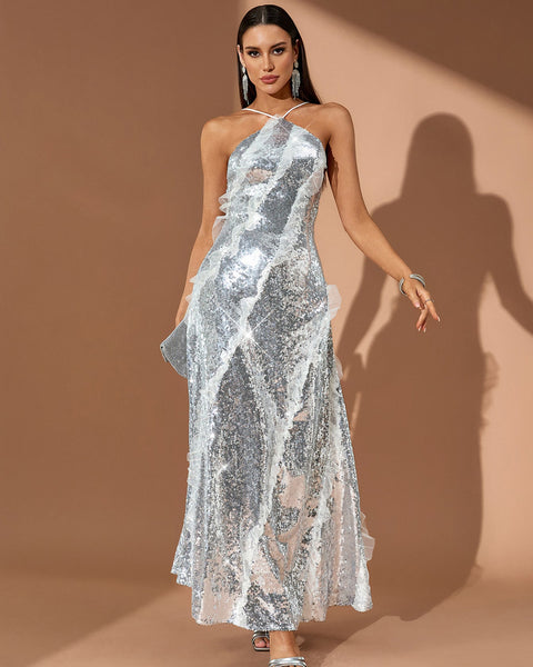 Halter Ruffled Sequin Backless Maxi Dress