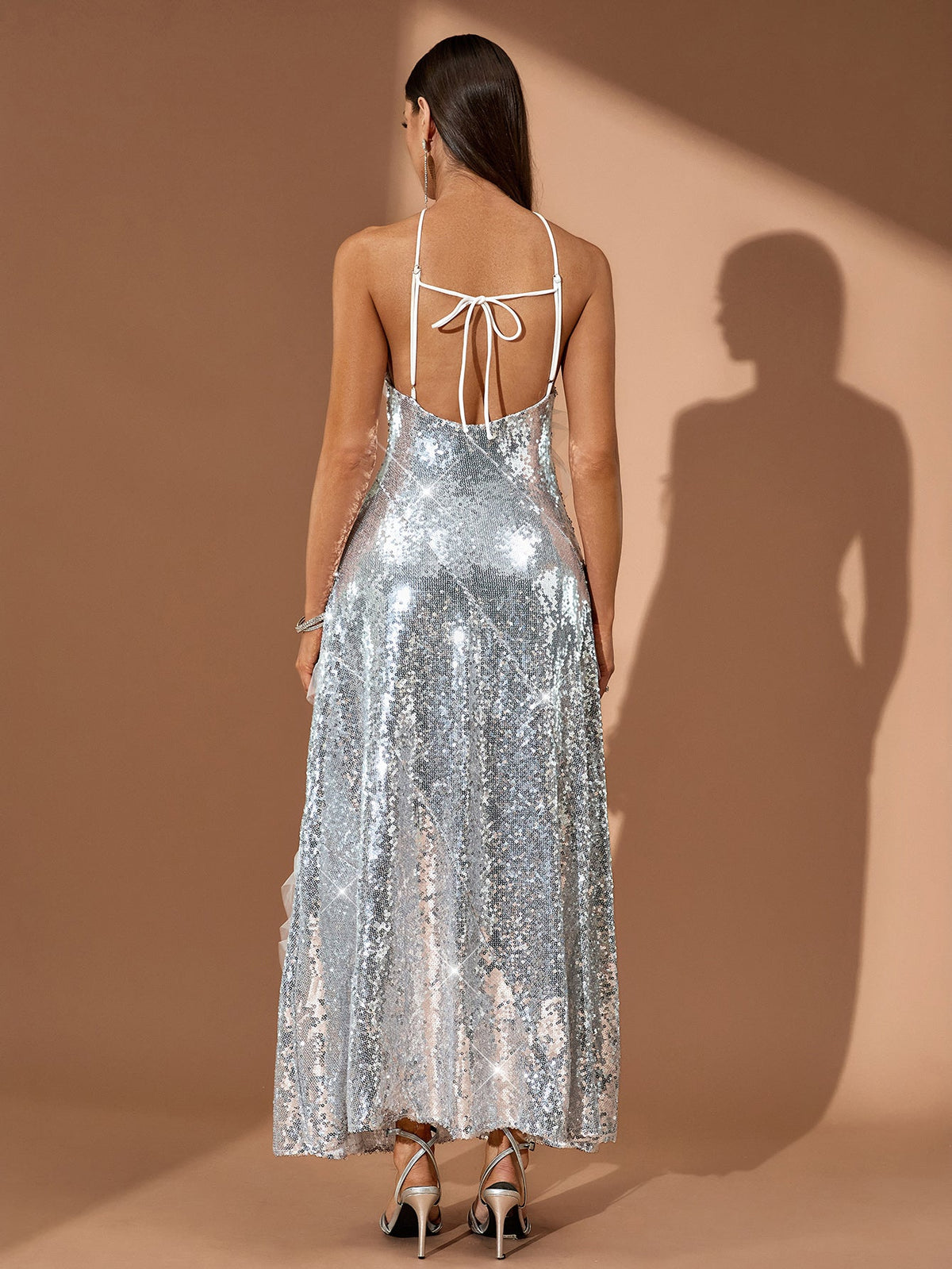Elowen Rivière — Halter Ruffled Sequin Backless Maxi Dress, alternate view 4