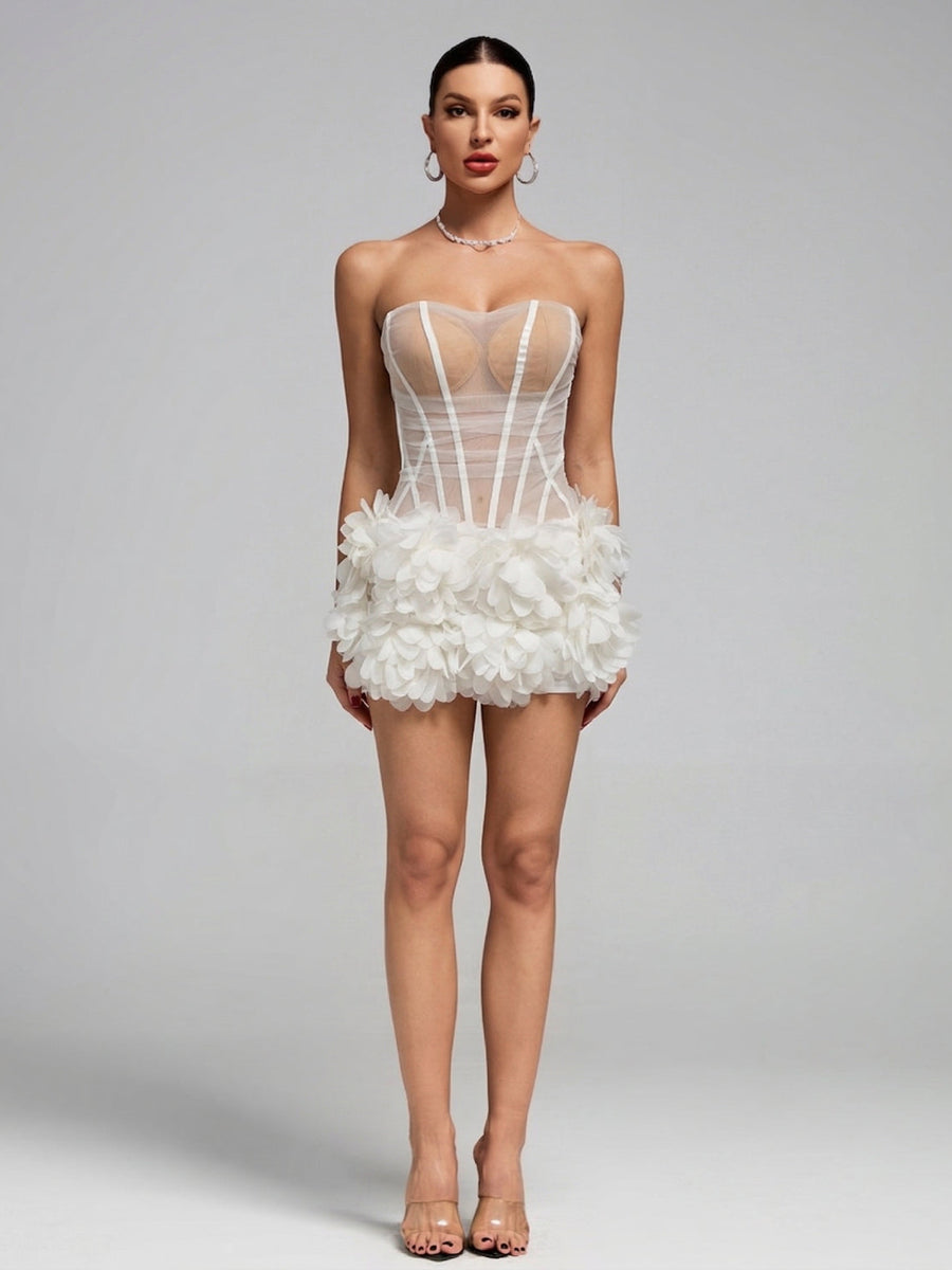 Trägerloses Mini-Kleid mit transparenten Blumen und Saum