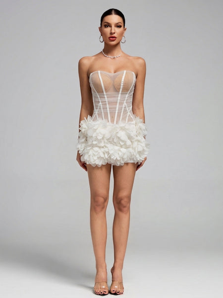 Trägerloses Mini-Kleid mit transparenten Blumen und Saum