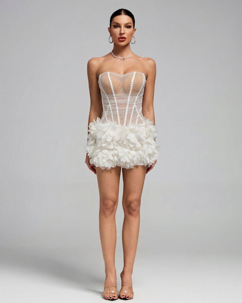 Trägerloses Mini-Kleid mit transparenten Blumen und Saum