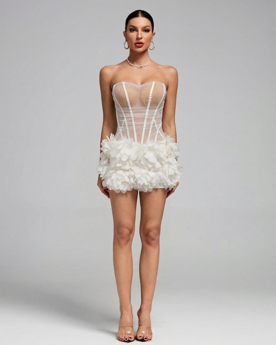 True Monaco — Strapless Sheer Flowers Hemline Mini Dress