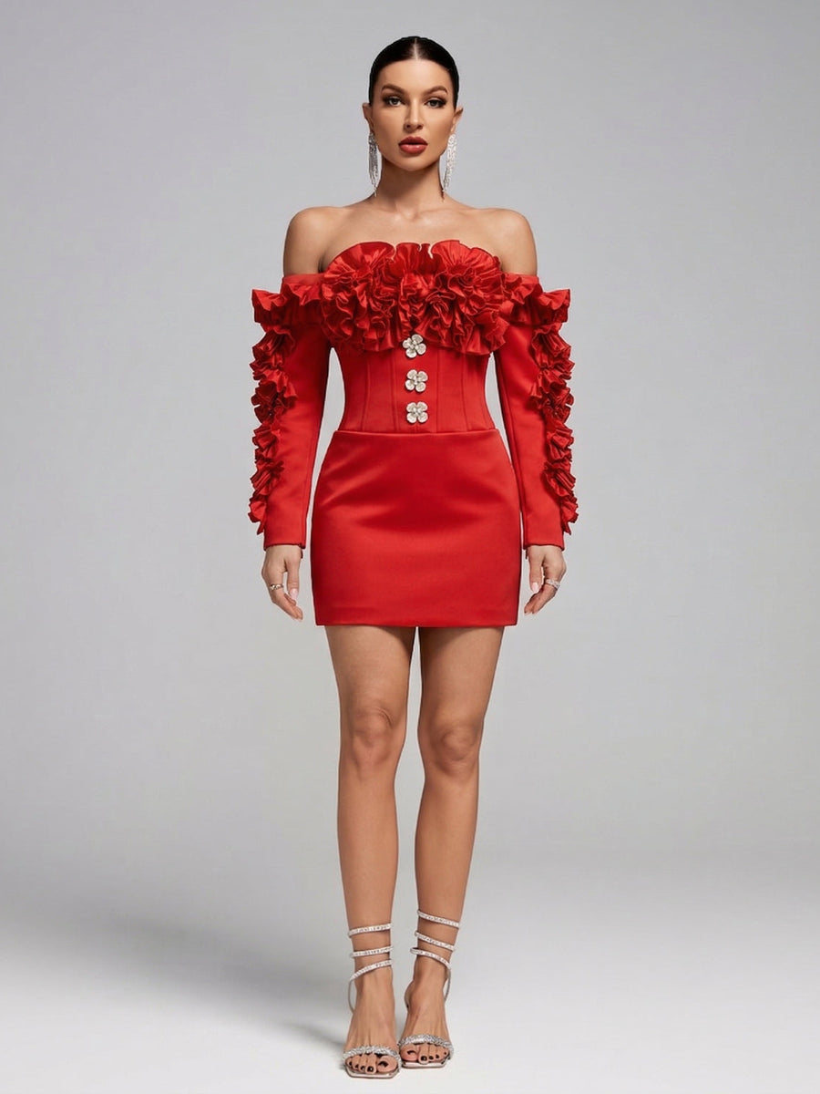 Carmen-Minikleid mit Rüschen und Strasssteinen