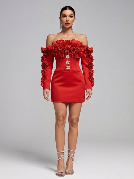 Carmen-Minikleid mit Rüschen und Strasssteinen