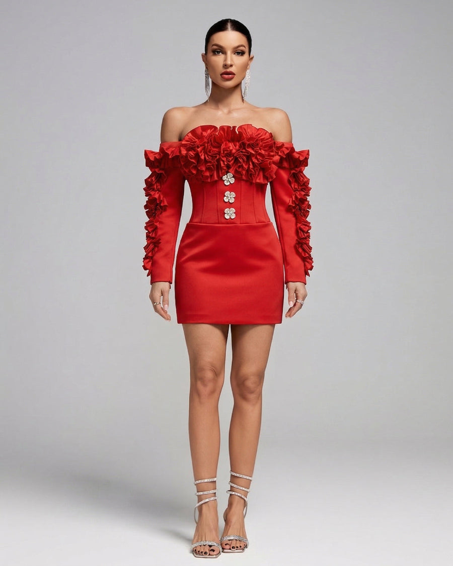 Sol Monaco — Off Shoulder Frill Rhinestone Mini Dress