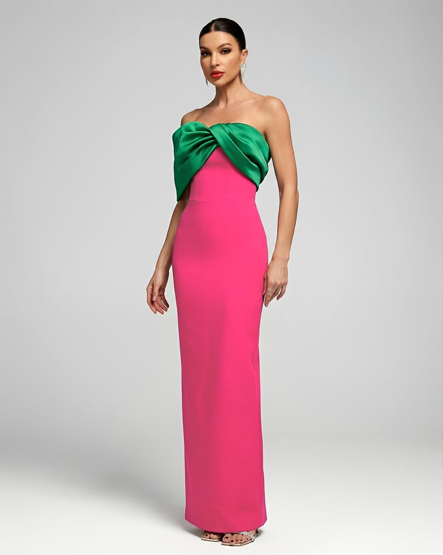 Winter Capri — Strapless Contrast-Color Pleated Maxi Dress