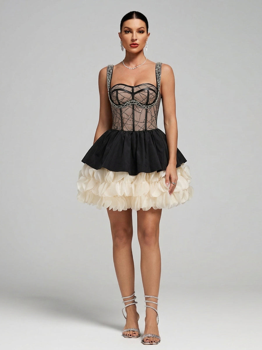 Trägerloses Mini-Kleid mit Strass und Lagenlook