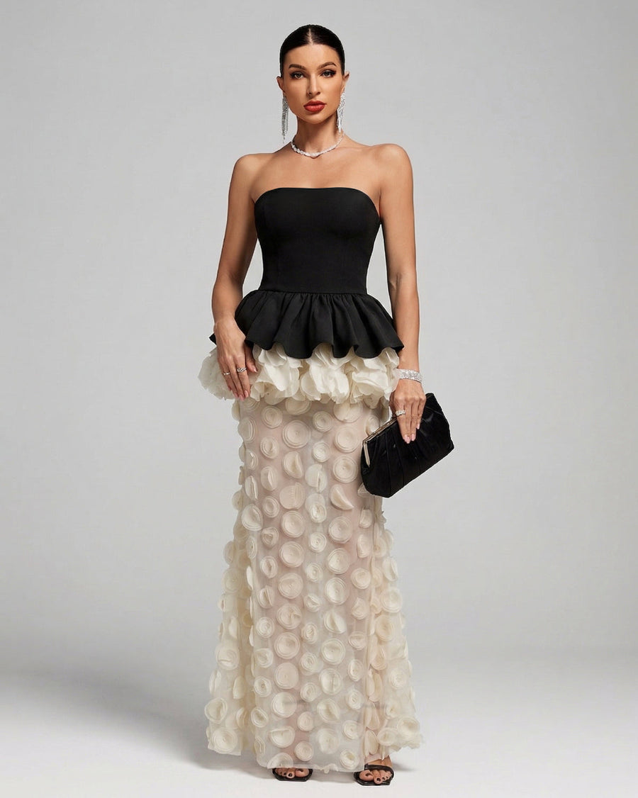Perrin Monaco — Strapless Flowers Polka Dot Sheer Dress