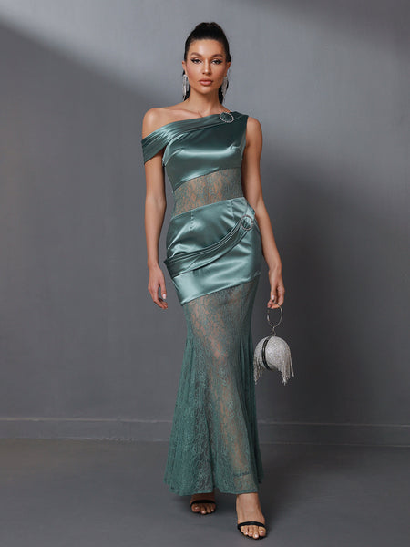 Asymmetric Lace Gauze Maxi Dress