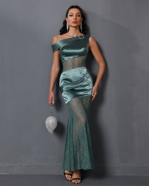 Asymmetric Lace Gauze Maxi Dress