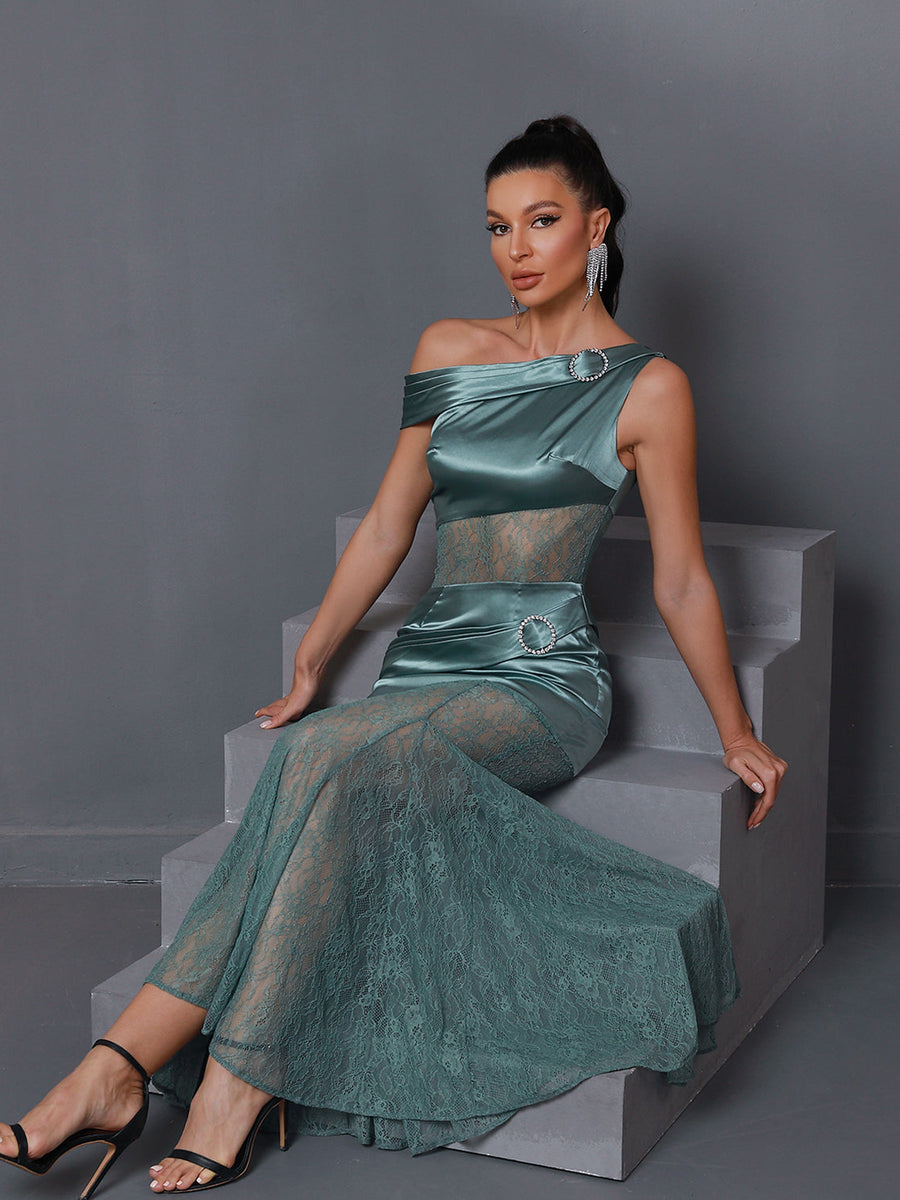 Asymmetric Lace Gauze Maxi Dress