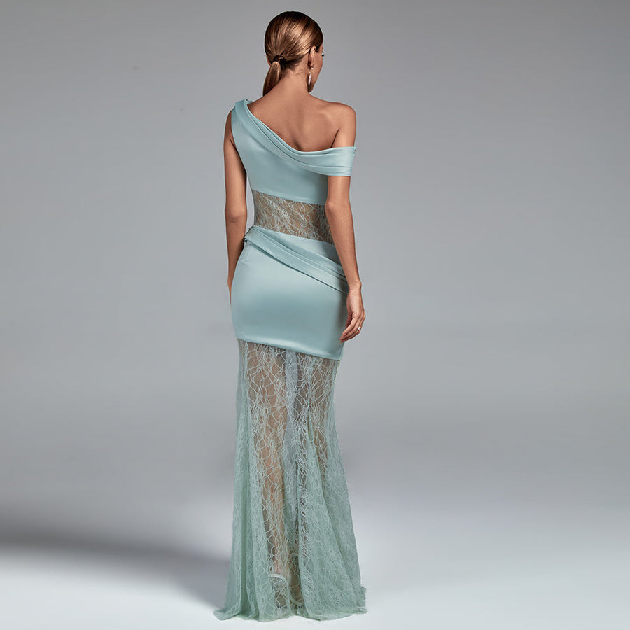 Maxi Satin and Lace Dress with Asymmetrical Slit