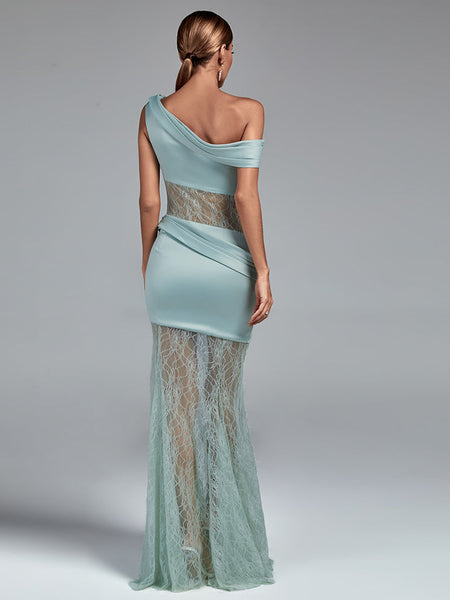 Maxi Satin and Lace Dress with Asymmetrical Slit