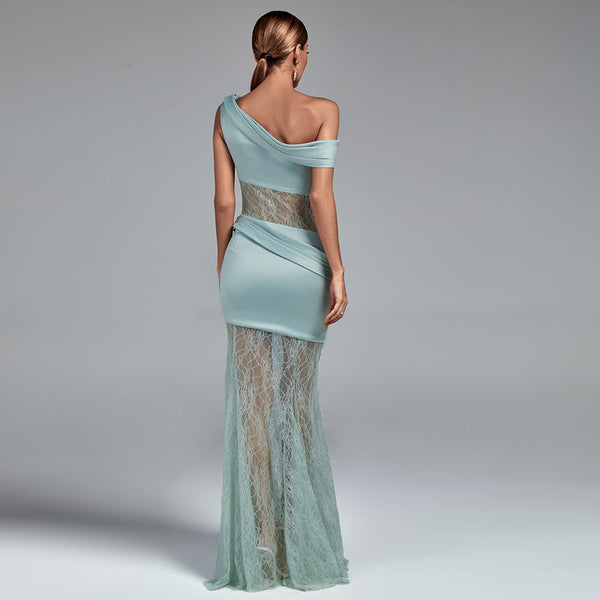 Maxi Satin and Lace Dress with Asymmetrical Slit