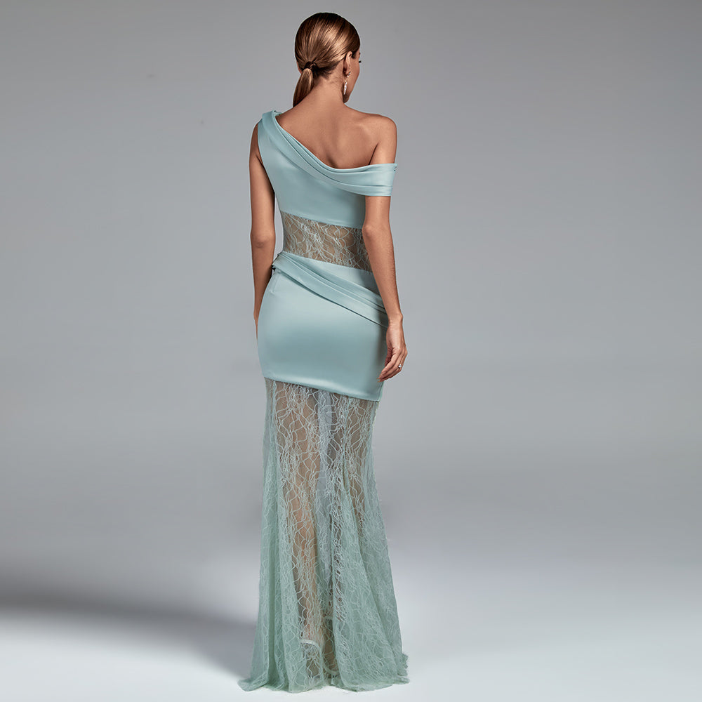 Perrin Marceau — Maxi Satin and Lace Dress with Asymmetrical Slit, alternate view 4
