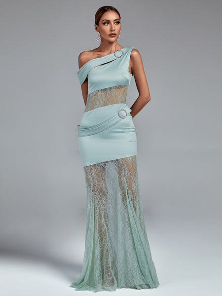Maxi Satin and Lace Dress with Asymmetrical Slit