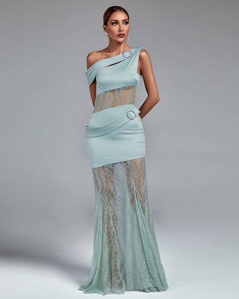 Maxi Satin and Lace Dress with Asymmetrical Slit