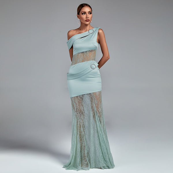 Maxi Satin and Lace Dress with Asymmetrical Slit