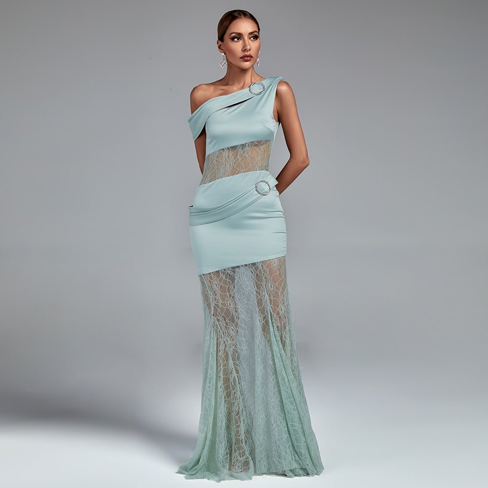 Perrin Marceau — Maxi Satin and Lace Dress with Asymmetrical Slit, alternate view 2