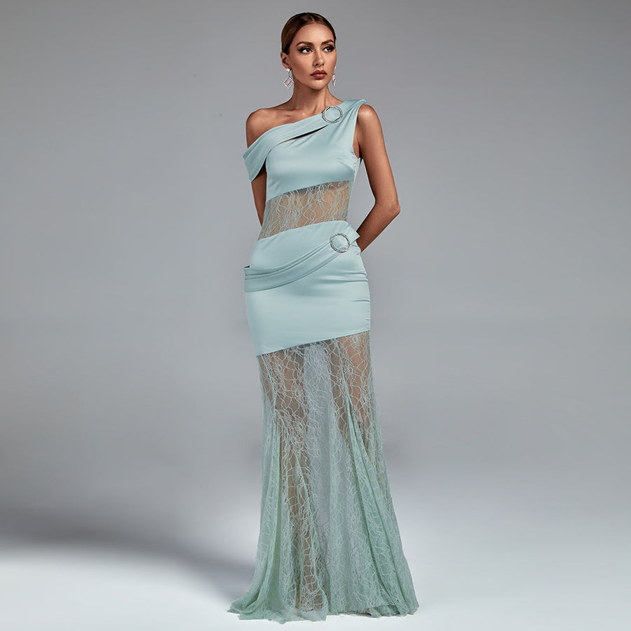 Perrin Marceau — Maxi Satin and Lace Dress with Asymmetrical Slit, alternate view 2