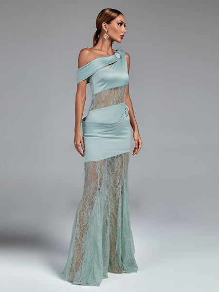 Maxi Satin and Lace Dress with Asymmetrical Slit