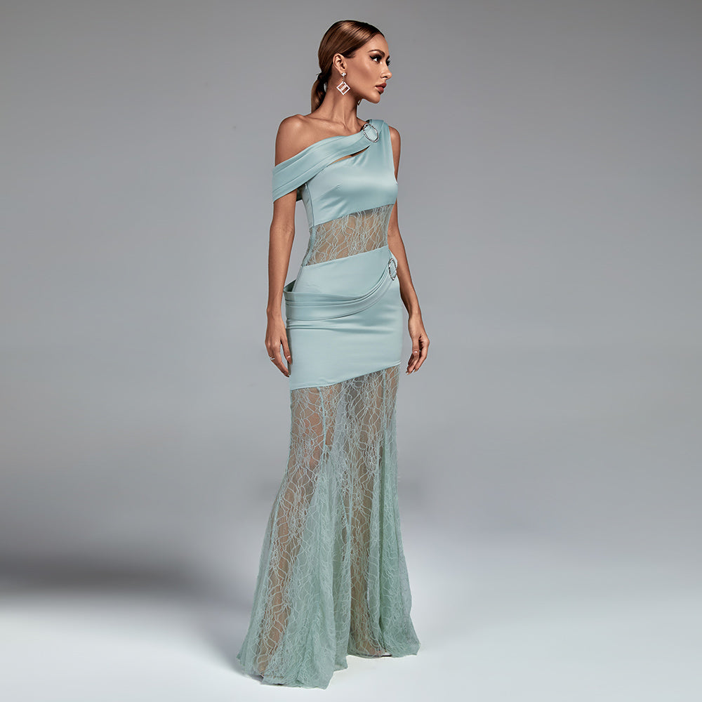 Perrin Marceau — Maxi Satin and Lace Dress with Asymmetrical Slit, alternate view 3