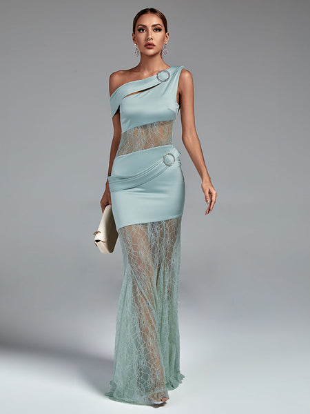 Maxi Satin and Lace Dress with Asymmetrical Slit