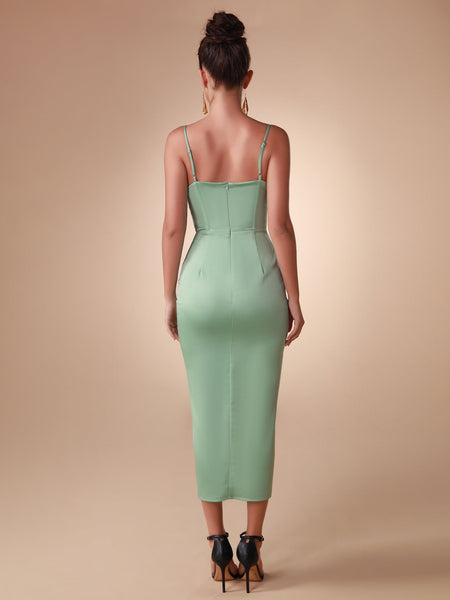 Elegant Satin Corset Dress with Strappy Details and Ruched Midi Length