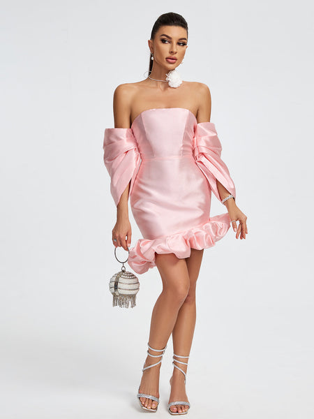 Short satin dress with off-the-shoulder and puffed sleeves for an elegant and trendy look