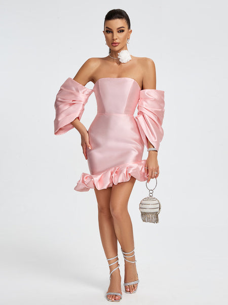 Short satin dress with off-the-shoulder and puffed sleeves for an elegant and trendy look