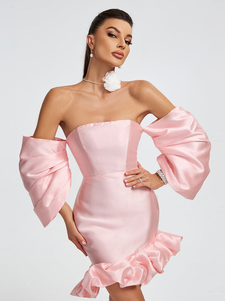 Short satin dress with off-the-shoulder and puffed sleeves for an elegant and trendy look