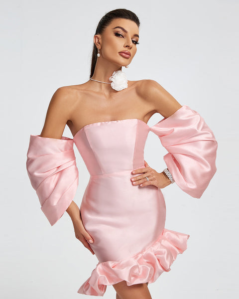 Short satin dress with off-the-shoulder and puffed sleeves for an elegant and trendy look
