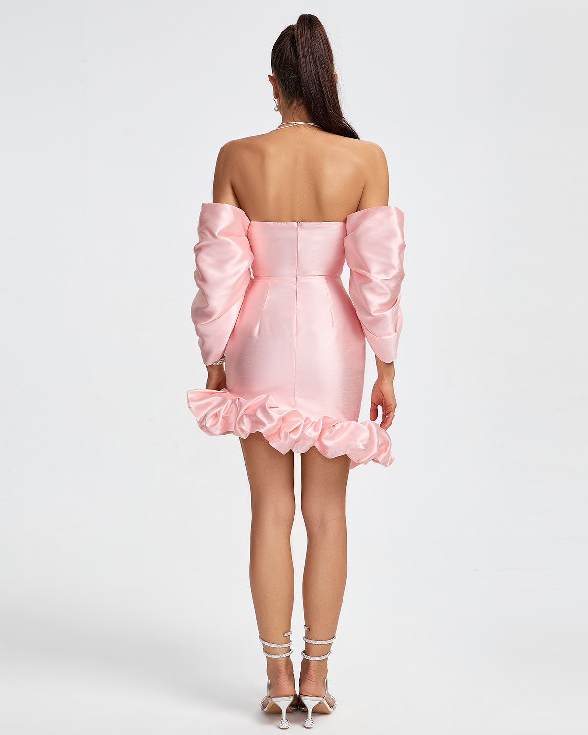 Vale Marceau — Short satin dress with off-the-shoulder and puffed sleeves, alternate view 3
