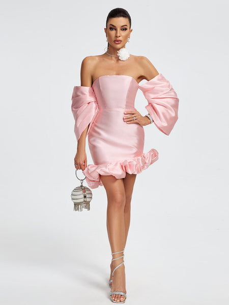 Short satin dress with off-the-shoulder and puffed sleeves for an elegant and trendy look