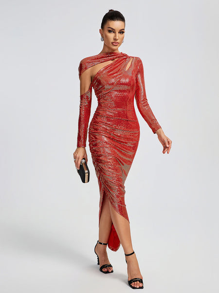 Asymmetric Sequins Ruched Long Dress - Opulent Empire