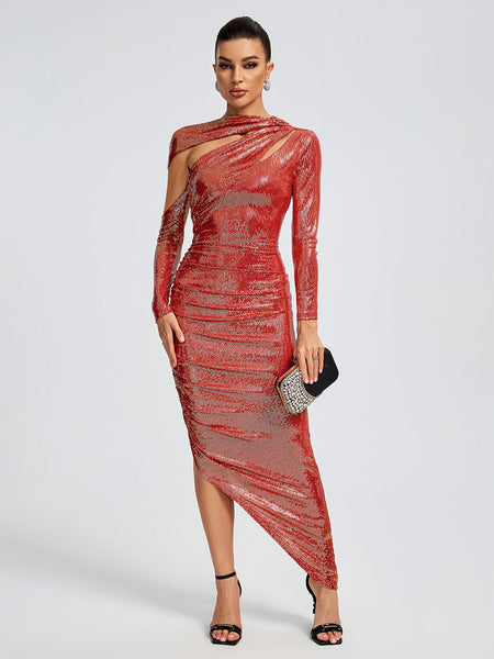 Asymmetric Sequins Ruched Long Dress - Opulent Empire