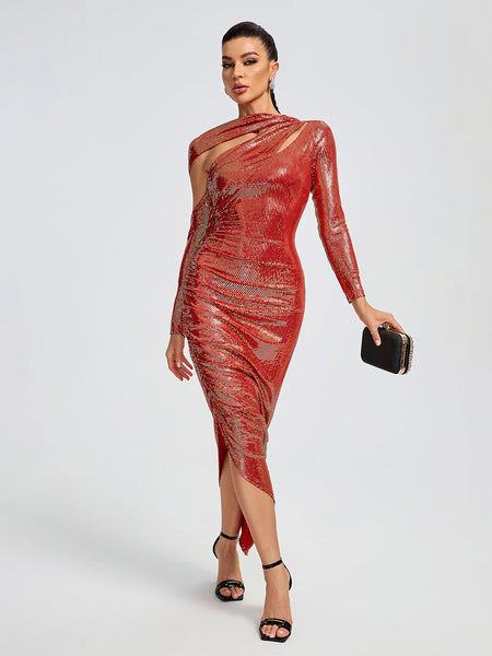 Asymmetric Sequins Ruched Long Dress - Opulent Empire